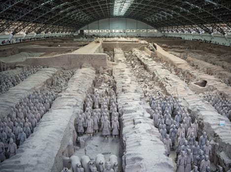Xian, China -  July 2019 : Terracota Army archeological site, army warrior statues were created during the reign of first chinese emperor Qin Shi Huang Di, Xian, Shaanxi Province