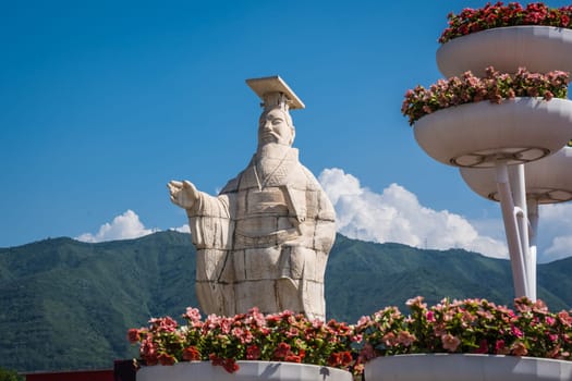 Xian, China -  July 2019 : Large and imposing sculpture of Chinese philosopher Confucius on the site of Terracotta Army Museum
