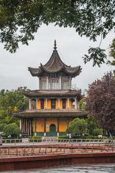 Xian, China -  August 2019 : Traditional pagoda building in Revolution Park, Shaanxi Province