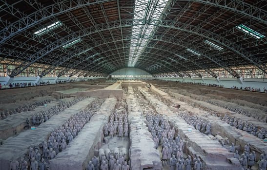 Xian, China -  July 2019 : An army of terracota clay soldiers, created during the reign of first chinese emperor Qin Shi Huang Di, Xian, Shaanxi Province