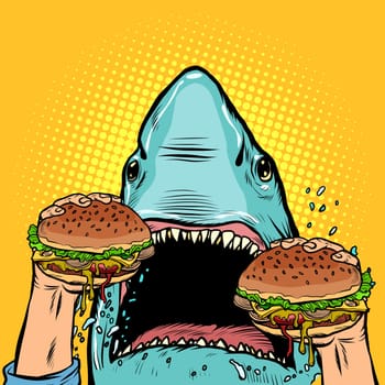 Hungry shark eat the Burger. Pop art retro vector illustration drawing