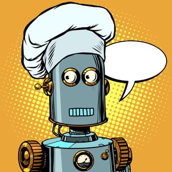 Robot cook food, takes orders at the restaurant. Pop art retro vector illustration drawing