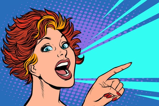 Modern woman points a finger. Pop art retro vector illustration drawing