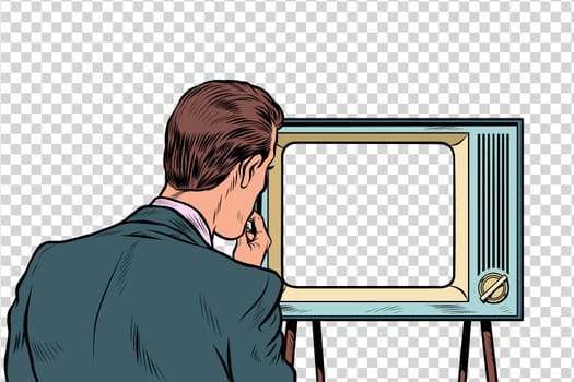 male viewer watching TV. Television propaganda, film and news. Pop art retro vector illustration drawing