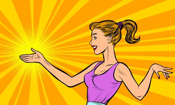 woman presentation gesture. Pop art retro vector illustration drawing
