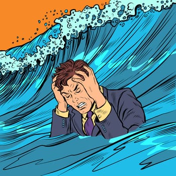 The man panics. Big wave stress. Pop art retro vector illustration drawing
