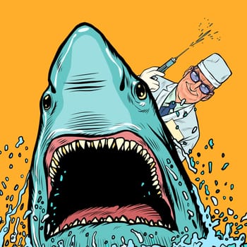 A dentist and a shark, the doctor makes cauterized. Pop art retro vector illustration drawing