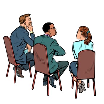 people at a business meeting. businessman and businesswoman. multi-ethnic group. Pop art retro vector illustration drawing