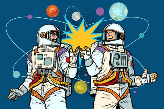 Cosmonautics day. Two astronauts together. Pop art retro vector illustration drawing vintage kitsch