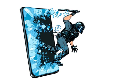 cyberpolice concept. the state monitors the Internet. arrest the hacker. censorship and prohibition of freedom of speech. Pop art retro vector illustration drawing