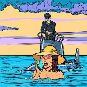 Submarine captain rescues drowning woman. Pop art retro vector illustration drawing