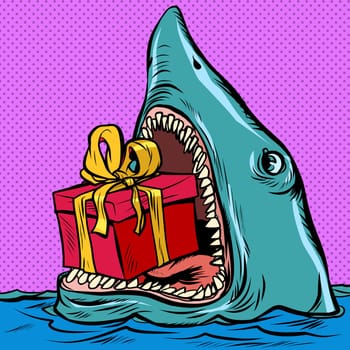 Shark with a gift box. Holiday shopping Christmas Valentines day birthday. Pop art retro vector illustration kitsch vintage drawing