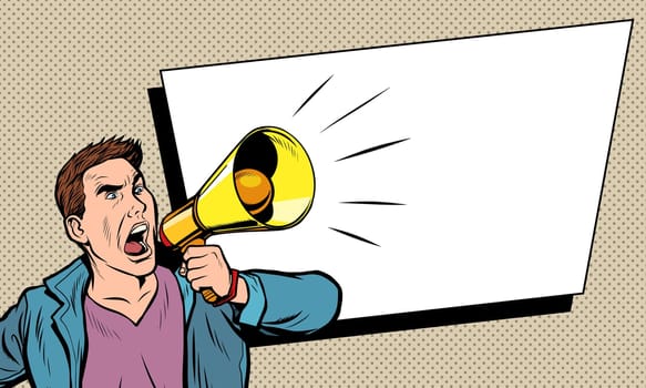 advertising poster. man with megaphone. business presentation announcement. Pop art retro vector illustration drawing vintage kitsch