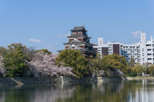 Hiroshima Castle is a castle in Hiroshima, Japan. It was constructed in the 1590s, but was destroyed by the atomic bombing on August 6, 1945. It was rebuilt in 1958, a replica of the original that now serves as a museum of Hiroshima's history before World War II.