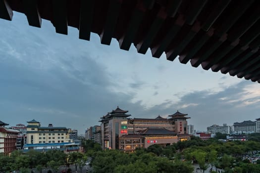 Xian, China -  July 2019 : View of the residential and commercial buildings in the centre of Xian city, as seen from the viewing balcony in Drum Tower, Shaaxi Province