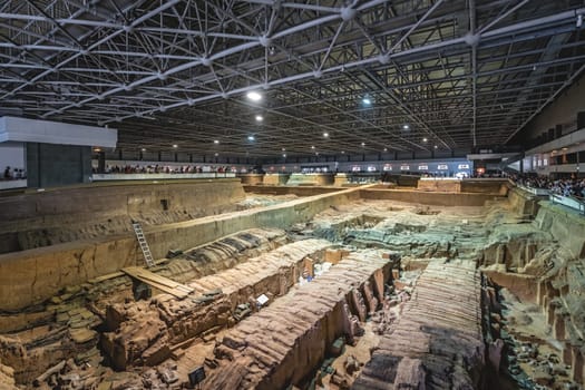 Xian, China -  July 2019 : Terracota Army archeological site, army warrior statues were created during the reign of first chinese emperor Qin Shi Huang Di, Shaanxi Province, China