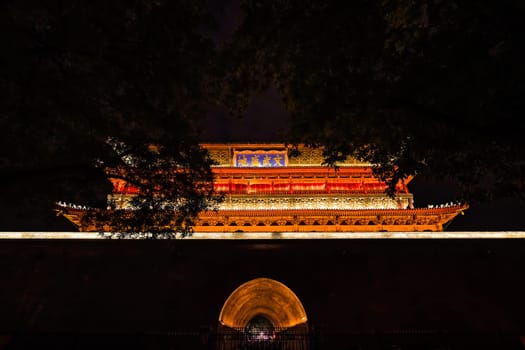 Xian, China -  July 2019 : Xian Bell Drum Tower beautifully lit and illuminated at night, Shaaxi Province