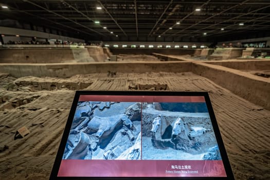 Xian, China -  July 2019 : Information display about the Terracota Army warriors, created during the reign of first chinese emperor Qin Shi Huang Di, Shaanxi Province