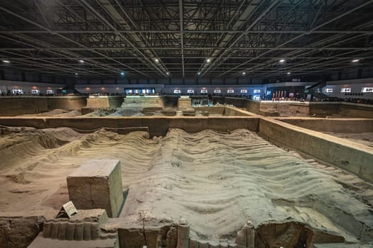 Xian, China -  July 2019 : Terracota Army archeological site, army warrior statues were created during the reign of first chinese emperor Qin Shi Huang Di, Shaanxi Province, China