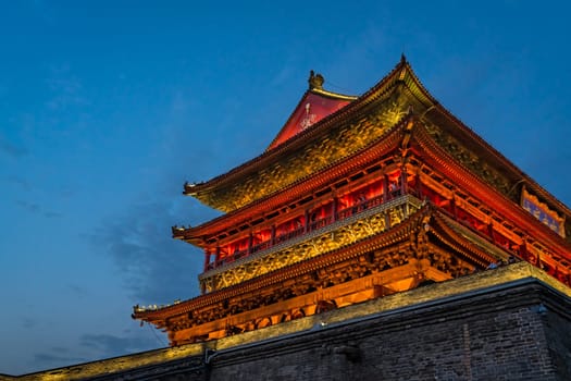 Xian, China -  July 2019 : Bell Drum Tower beautifully lit and illuminated at night, Shaaxi Province, Central China