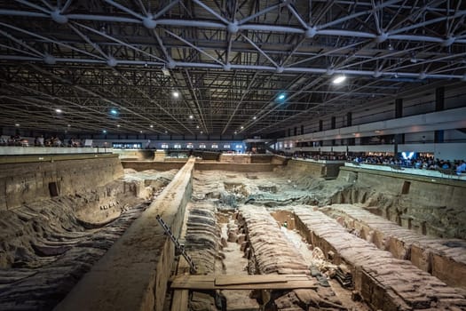 Xian, China -  July 2019 : Terracota Army archeological site, army warrior statues were created during the reign of first chinese emperor Qin Shi Huang Di, Shaanxi Province, China