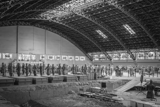 Xian, China -  July 2019 : Terracota Army archeological site, army warrior statues were created during the reign of first chinese emperor Qin Shi Huang Di, Xian, Shaanxi Province