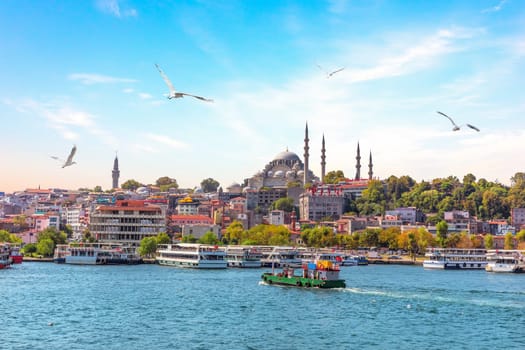 Eminonu Pier and Suleymaniye Mosque in Istanbul, Turkey.