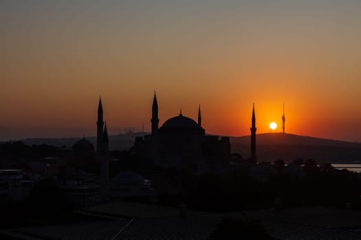 Hagia Sophia sunset silhouette, Istanbul skyline, Turkey.