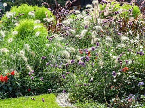 Ornamental blossoming flowerbed in autumn flower garden or urban park
