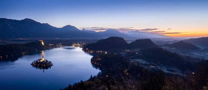 Lake Bled and the church in Slovenia at evening