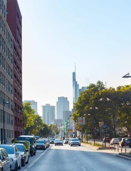 FRANKFURT, GERMANY - SEPTEMBER 01, 2018: Traffic on the road to city center in Frankfurt. Business Downtown in the background