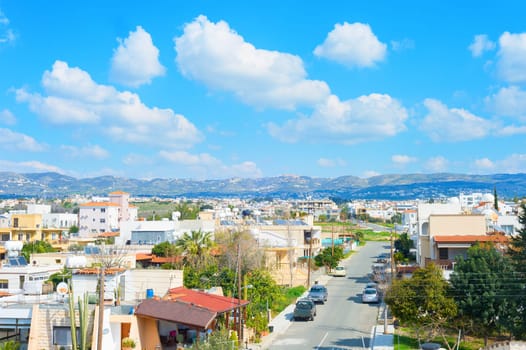 Skyline of Paphos, road and mountains, Cyprus