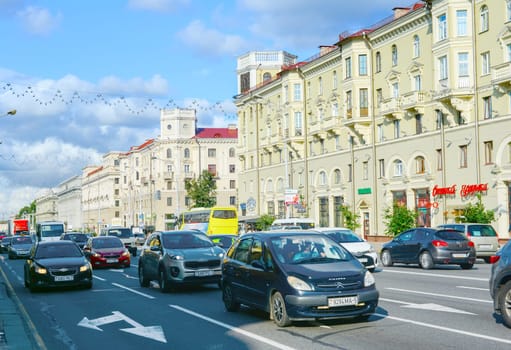 MINSK, BELARUS - JULY 17, 2019: Traffic on a central Independense avenue. Independence Avenue  is the main street of Minsk, the capital of Belarus