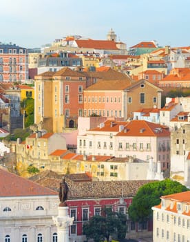 View of Lisbon Old Town with  King Pedro IV monument. Lisbon, Portugal