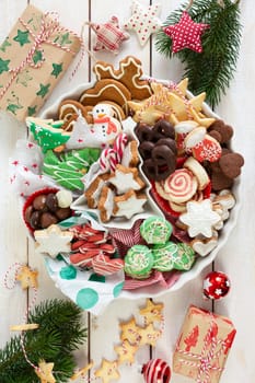 Variety of colorful Christmas cookies and gingerbread