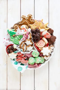 Variety of colorful Christmas cookies and gingerbread