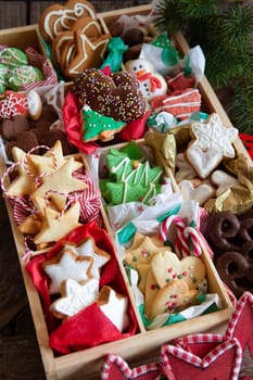 Variety of colorful Christmas cookies and gingerbread