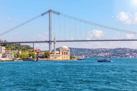 Ortakoy Mosque under the Bosphorus Bridge, Istanbul, Turkey.