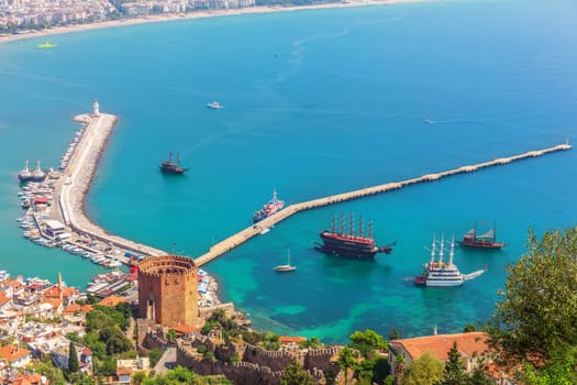 Alanya pier and the lighthouse, view from the castle, Turkey.