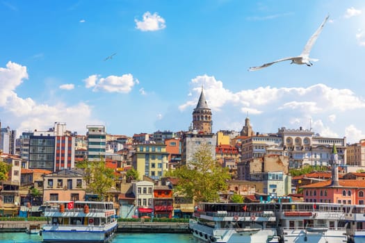 Karakoy district and the Galata Tower, view from the Bosphorus, Istanbul, Turkey.