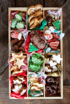 Variety of colorful Christmas cookies and gingerbread