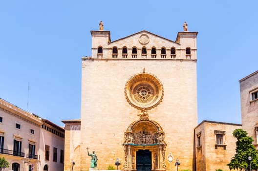 Ornate entrance to Sant Francesc Church in Palma de Mallorca, front view, Spain