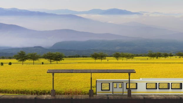 The 3d rendering of beautiful small train station with train beside it
