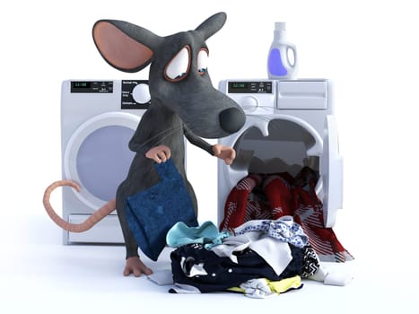 3D rendering of a cute smiling cartoon mouse putting clothes in a washing machine, doing his laundry. White background.