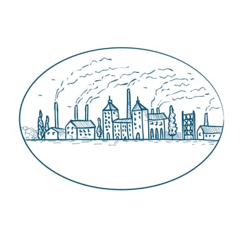 Drawing sketch style illustration of an industrial revolution landscape of the 1800s with factory, building, smokestack, chimney, smoke and air pollution set inside oval on isolated white background.