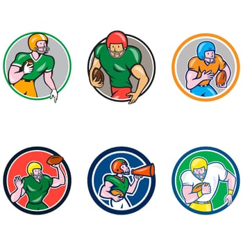 Set or Collection of cartoon character style illustration of American football player like quarterback, running back, center,wide receiver,tackle, guard set inside circle on isolated white background.