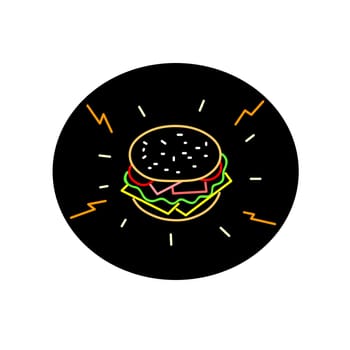 Retro style illustration showing a 1990s neon sign light signage lighting of a cheeseburger, a hamburger topped with slice of cheese is placed on top of the meat patty on isolated background.
