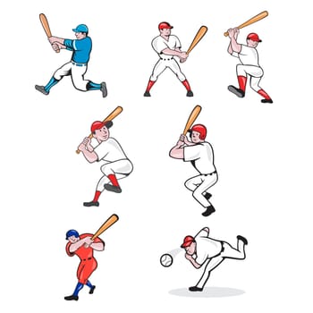 Set or collection illustration of American baseball player, pitcher or batter, batting, pitching or throwing ball cartoon style isolated on white background.