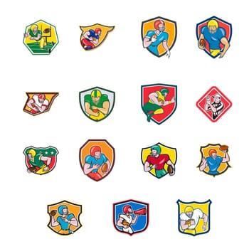 Collection of cartoon character icon style illustration of American football player in different positions like quarterback, running back, center,wide receiver set inside shield on isolated white background.