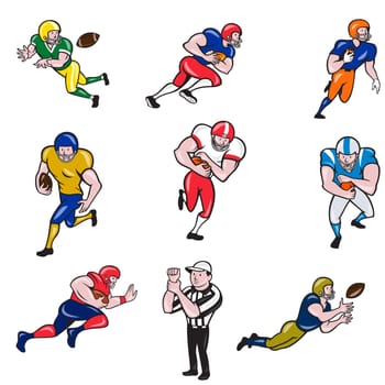 Set or Collection of cartoon character style illustration of American football player in different roles like quarterback, running back, center,wide receiver,tackle, guard and referee on isolated white background.